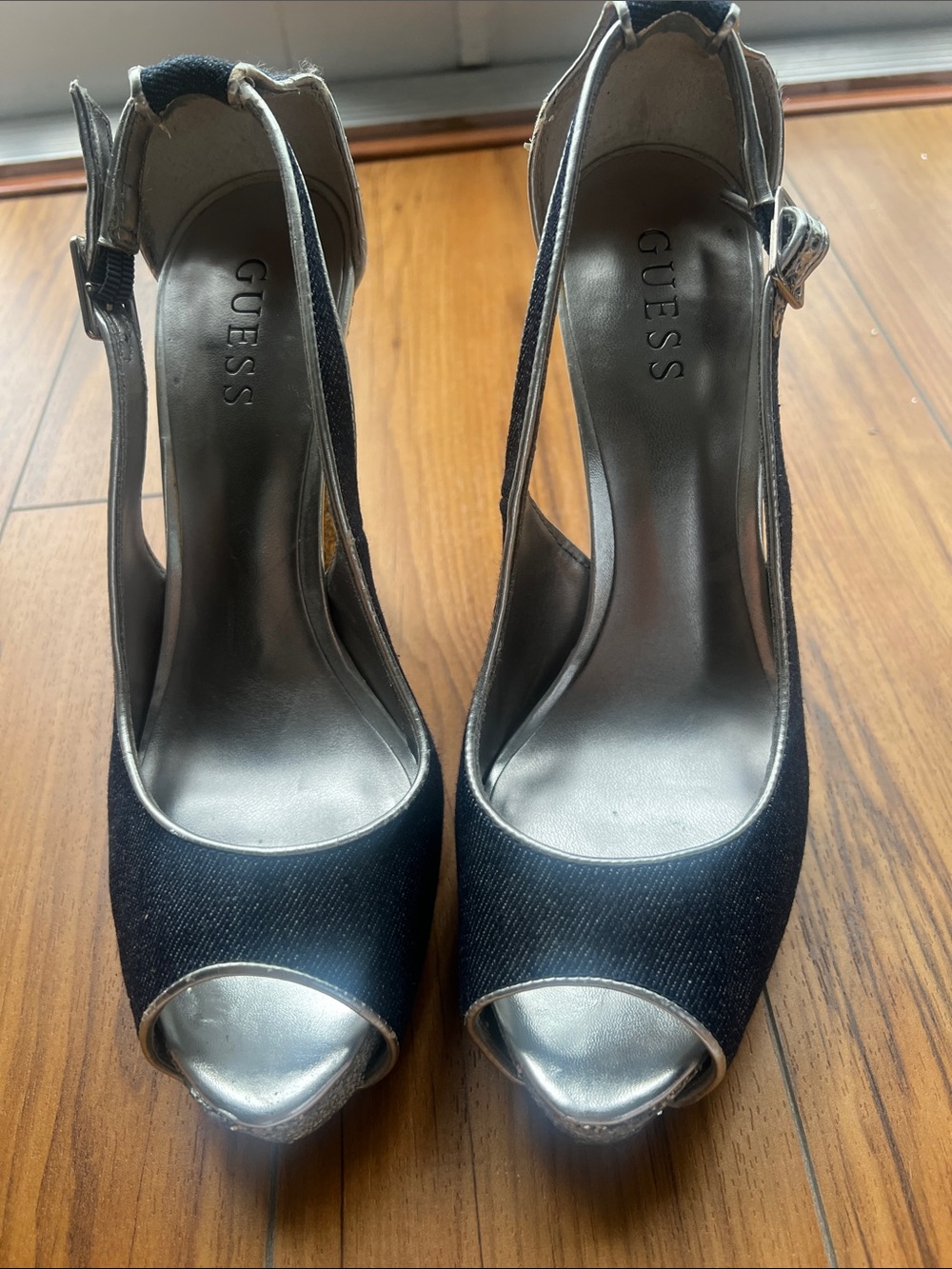 GUESS Navy and Silver Peep-Toe Slingback Heels with Metallic Trim